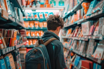 Fototapeta premium Teen carefully choosing stationery in a store aisle