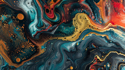 Obraz premium A painting of a colorful swirl with gold and red colors
