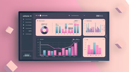 Modern data dashboard with graphs and charts in a pink and gray color scheme, showcasing analytics and visualizations.