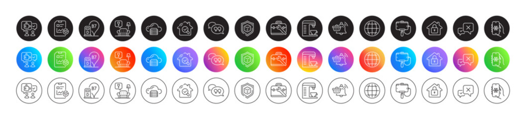 Puzzle, Diesel station and Reject line icons. Round icon gradient buttons. Pack of Dice, Report checklist, Notification cart icon. Lock, Selfie stick, Cloud server pictogram. Vector