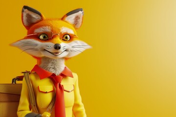 Fototapeta premium A cartoon fox wearing a tie stands in front of a suitcase