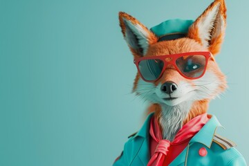 A cartoon fox wearing a tie stands in front of a suitcase