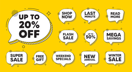 Offer speech bubble icons. Up to 20 percent off sale. Discount offer price sign. Special offer symbol. Save 20 percentages. Discount tag chat offer. Speech bubble discount banner. Vector