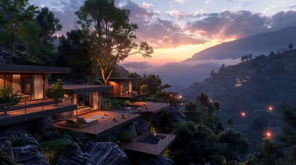 mountain retreat with a series of small, interconnected decks that each offer different views and experiences of the natural landscape, from sunrise yoga platforms to sunset viewing spots