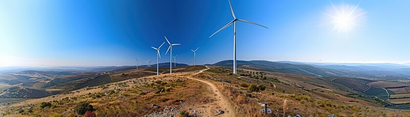 Wind turbines on a hilltop under a clear blue sky