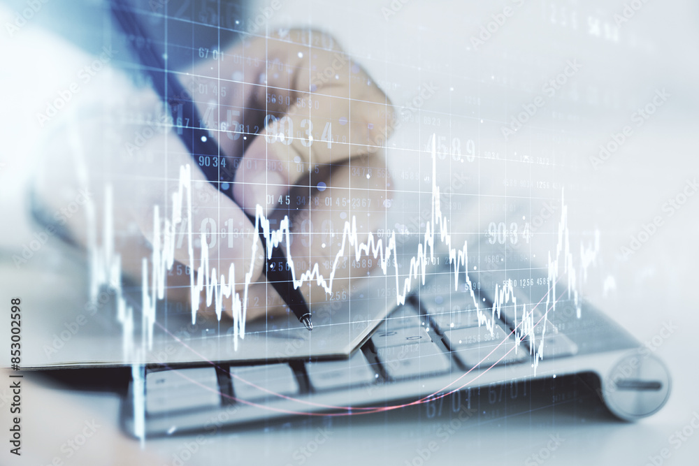 Poster double exposure of abstract creative financial diagram with hand writing in notebook on background, 