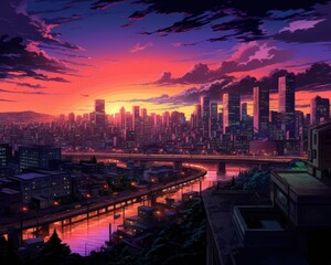 Fototapeta premium Vibrant sunset over a modern cityscape with skyscrapers, reflecting off a peaceful river, creating a stunning twilight scene.