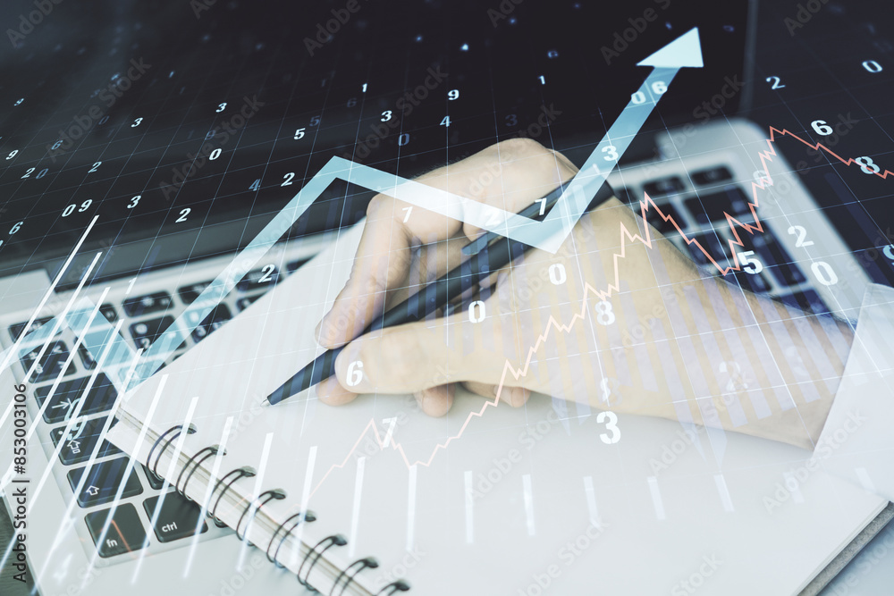 Poster abstract creative financial graph with upward arrow and hand writing in diary on background with lap