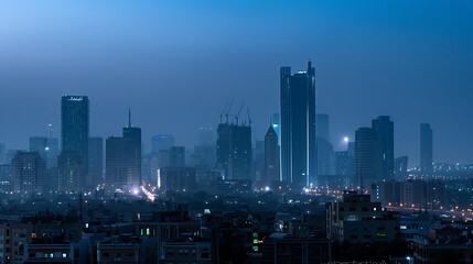 Obraz premium Majestic urban skyline with skyscraper buildings. Cityscape after sunset.