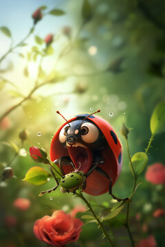 coccinelle avalant un puceron sur un rosier,  jardin et environnement naturel sans pesticide, &eacute;cologie, traitement responsable