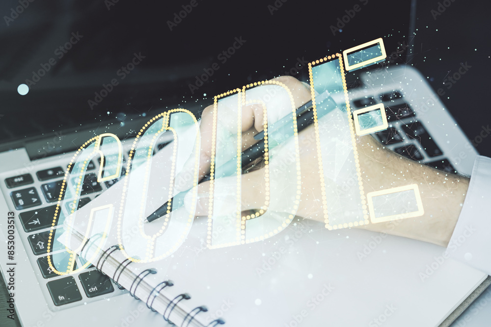 Poster creative code word sign and hand writing in notepad on background with laptop, international softwar