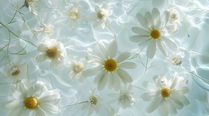 Photograph of a close-up shot of chamomile flowers, their delicate white petals and soothing essence,