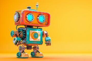 yellow robot with two eyes and a small head