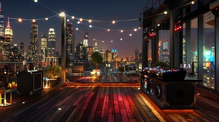 rooftop party deck with a dance floor, DJ booth, and bar, all set against a backdrop of city lights, designed for private events and celebrations