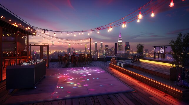 rooftop party deck with a dance floor, DJ booth, and bar, all set against a backdrop of city lights, designed for private events and celebrations