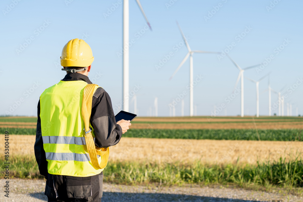 Poster Engineer with digital tablet works on a field of wind turbines
