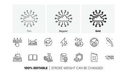 Fototapeta premium Education, Justice scales and Certificate line icons. Pack of Canister oil, Correct checkbox, Cloud network icon. Electricity, Typewriter, Book pictogram. Continuing education, Infochart. Vector