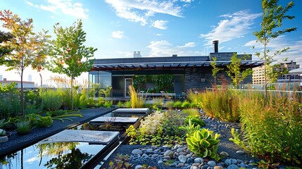 rooftop rain garden that utilizes sustainable drainage systems, featuring a collection of water-tolerant plants and a system that recycles rainwater for irrigation and water features