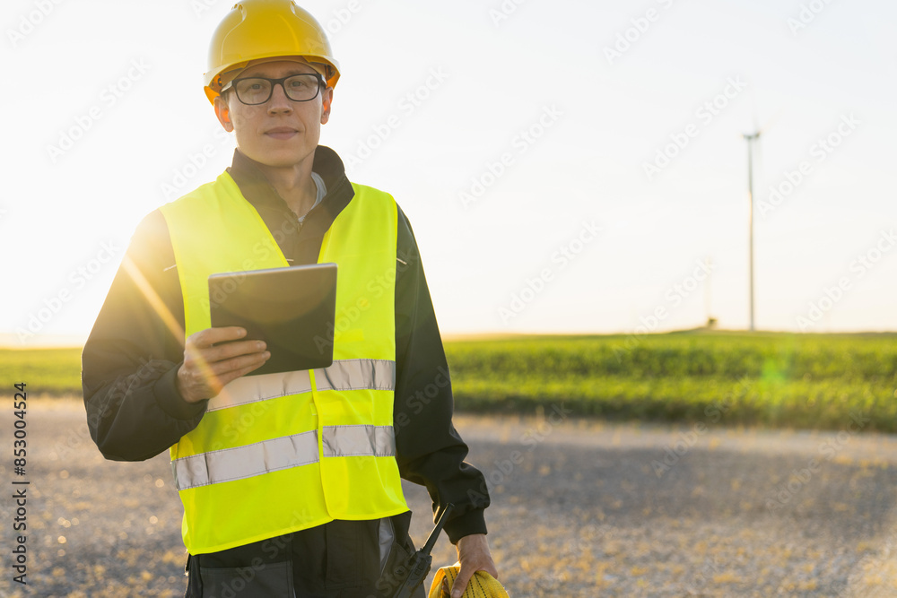 Poster Engineer with digital tablet works on a field of wind turbines