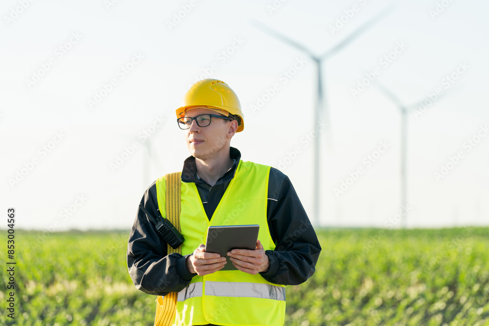 Poster Engineer with digital tablet works on a field of wind turbines