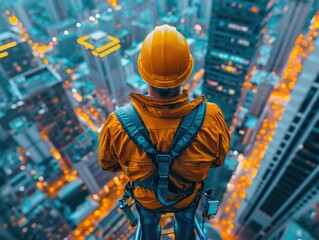 Fototapeta premium A construction worker in safety gear stands high above a city, overseeing urban development with a stunning night view.