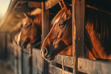 Fototapeta premium Three beautiful horses standing in a rustic stable, looking out with curiosity and tranquility. Ideal for agricultural and equestrian themes.