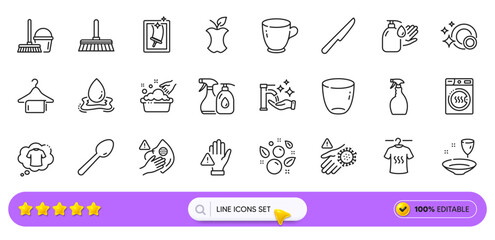Dry t-shirt, Clean bubbles and Dont touch line icons for web app. Pack of Tea cup, Water splash, Dryer machine pictogram icons. T-shirt, Window cleaning, Wash hands signs. Dirty mask. Vector