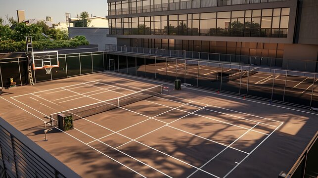 rooftop sports court with high fences for privacy, marked lines for tennis and basketball, and a viewing area for guests to watch the games