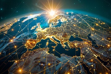 Detailed europe map with global communication symbols on technological background