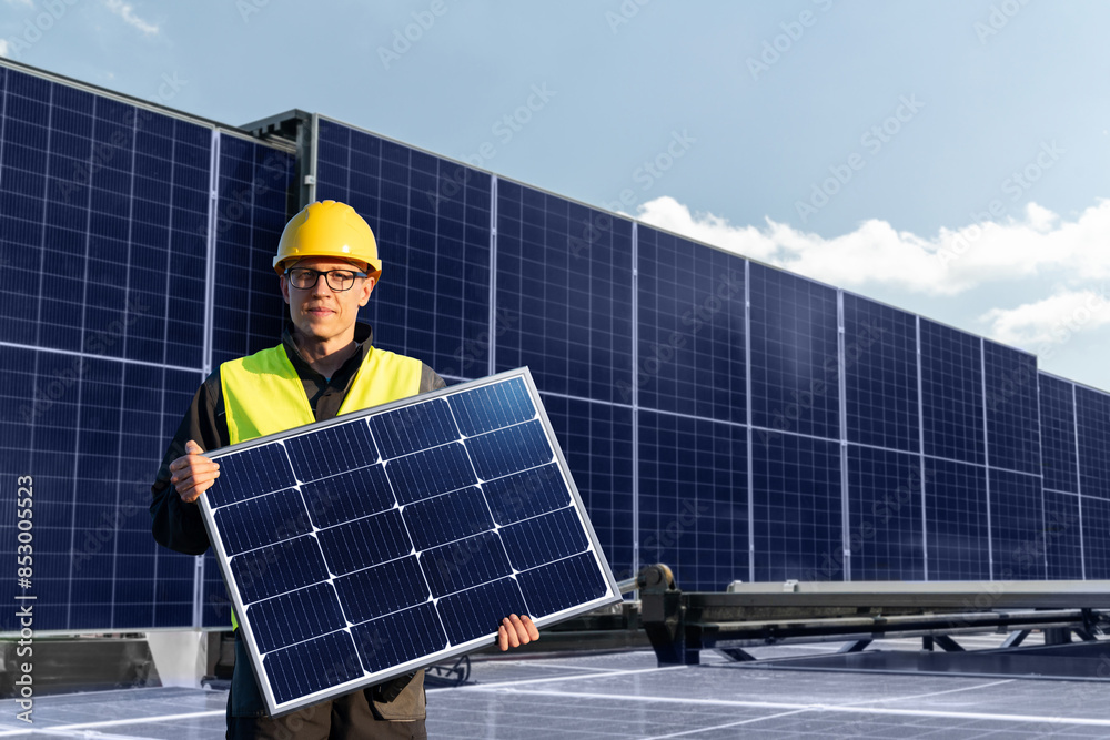 Poster worker with solar panel on a background of solar power stantion