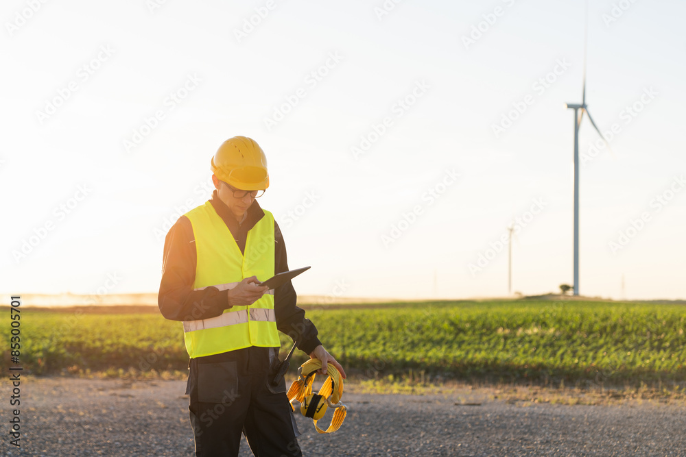 Aufkleber engineer with digital tablet works on a field of wind turbines