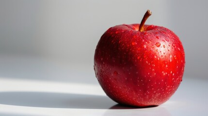 Close-up of a fresh red apple with water droplets, captured in natural light, highlighting its vibrant color and texture against a white background.