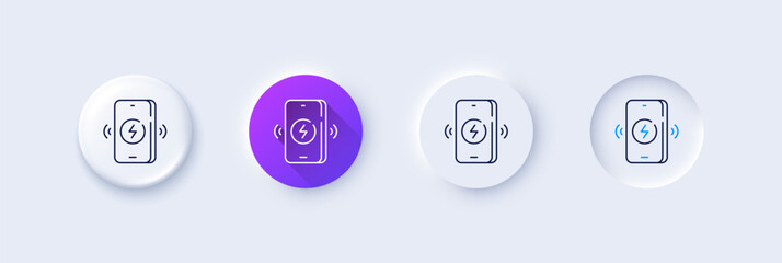 Wireless charging line icon. Neumorphic, Purple gradient, 3d pin buttons. Charge phone sign. Mobile accessories symbol. Line icons. Neumorphic buttons with outline signs. Vector