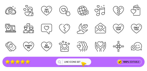 Dating, Say yes and Friends couple line icons for web app. Pack of World brand, Love, Friends chat pictogram icons. Hold heart, Like button, Love him signs. Wedding rings, Inclusion, Be true. Vector