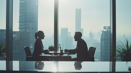 Business Meeting/Interview in Modern Office with Cityscape


Businessman and businesswoman engaged in discussion across a table in a modern office setting with large windows and cityscape views