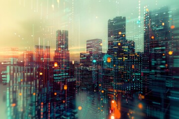 Fototapeta premium Abstract city building skyline metropolitan area in contemporary color style and futuristic effects. 