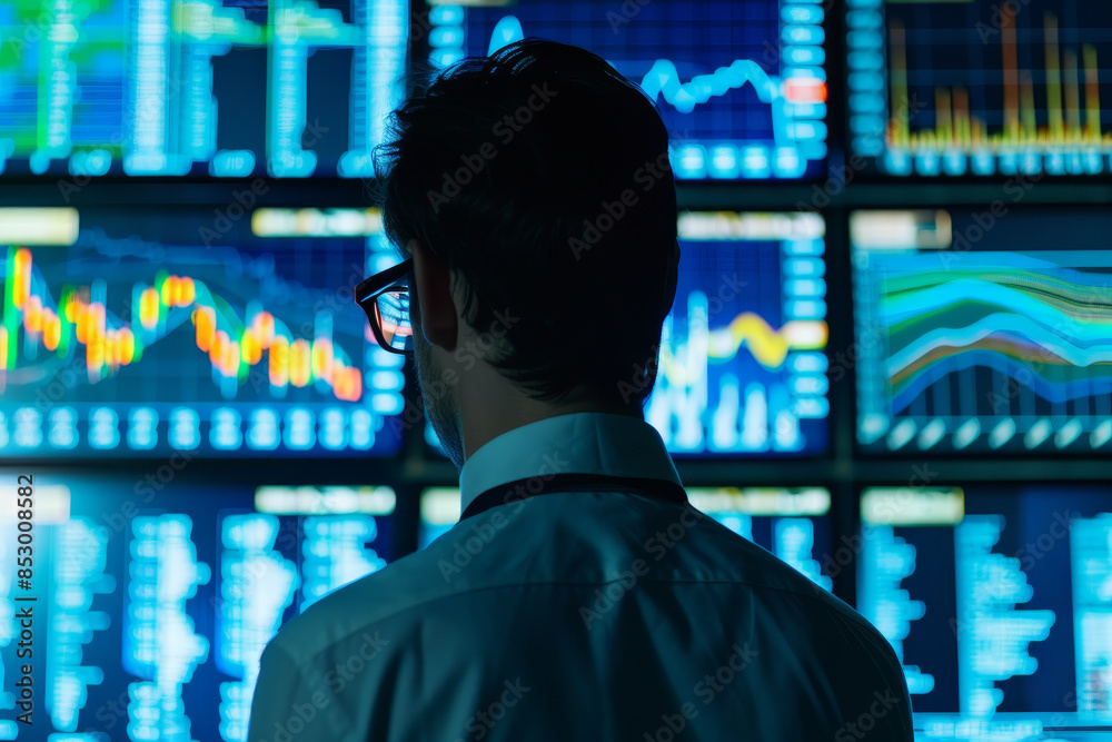 Poster a man is looking at a computer screen with many graphs and numbers
