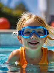 Child wearing swimming goggles and enjoying hot summer day in the swimming pool