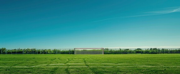 A Clear Blue Sky Forms The Backdrop To The Green Soccer Field With Well-Defined Goalposts