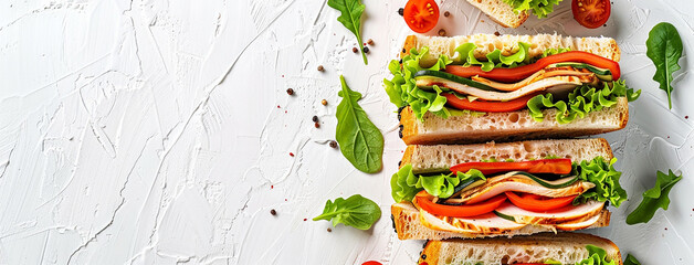wide food photo of vegetable club sandwich with salad in white background and blank copy space for text edits 