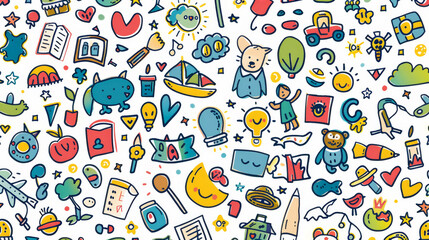 A colorful drawing of various cartoon characters and objects, including a book