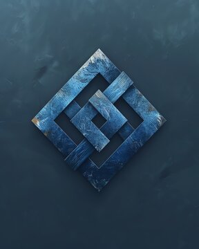 A clean and modern logo featuring an abstract geometric shape on a solid blue background