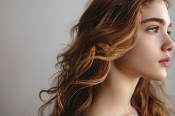 A woman with long brown hair and a tan complexion