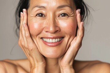 頬に手をあてるシニア・ミドル女性のポートレート（美容・整形・アンチエイジング）