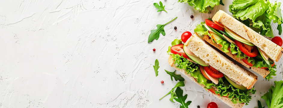 wide food photo of vegetable club sandwich with salad in white background and blank copy space for text edits 