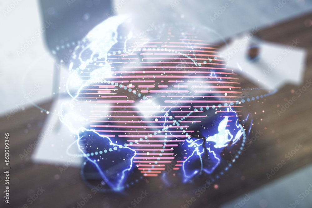 Leinwandbilder double exposure of abstract digital world map with connections and modern desk with computer on back