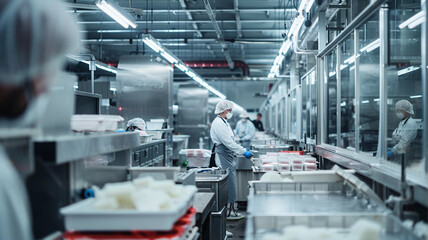 Featuring advanced freezing and packaging machinery, workers in uniforms and hairnets, Modern frozen food production plants with employees ensuring product quality details.
