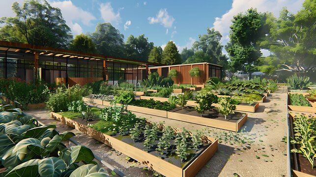 sustainable urban allotment with community garden beds, composting facilities, and educational workshops on urban farming and green living