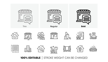 Home moving, Square meter and Buildings line icons. Pack of Mortgage, Food market, Market icon. Buying house, Open door, Inspect pictogram. Property agency, Arena stadium, Fingerprint access. Vector