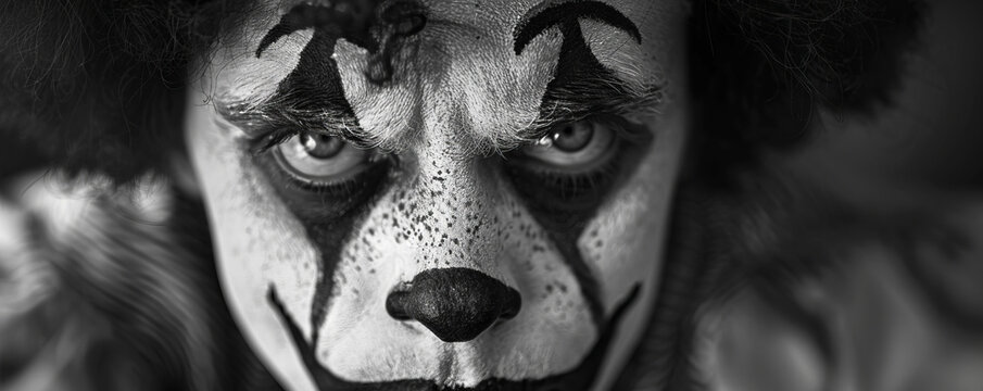 Black and white cown with scared expression on his face.